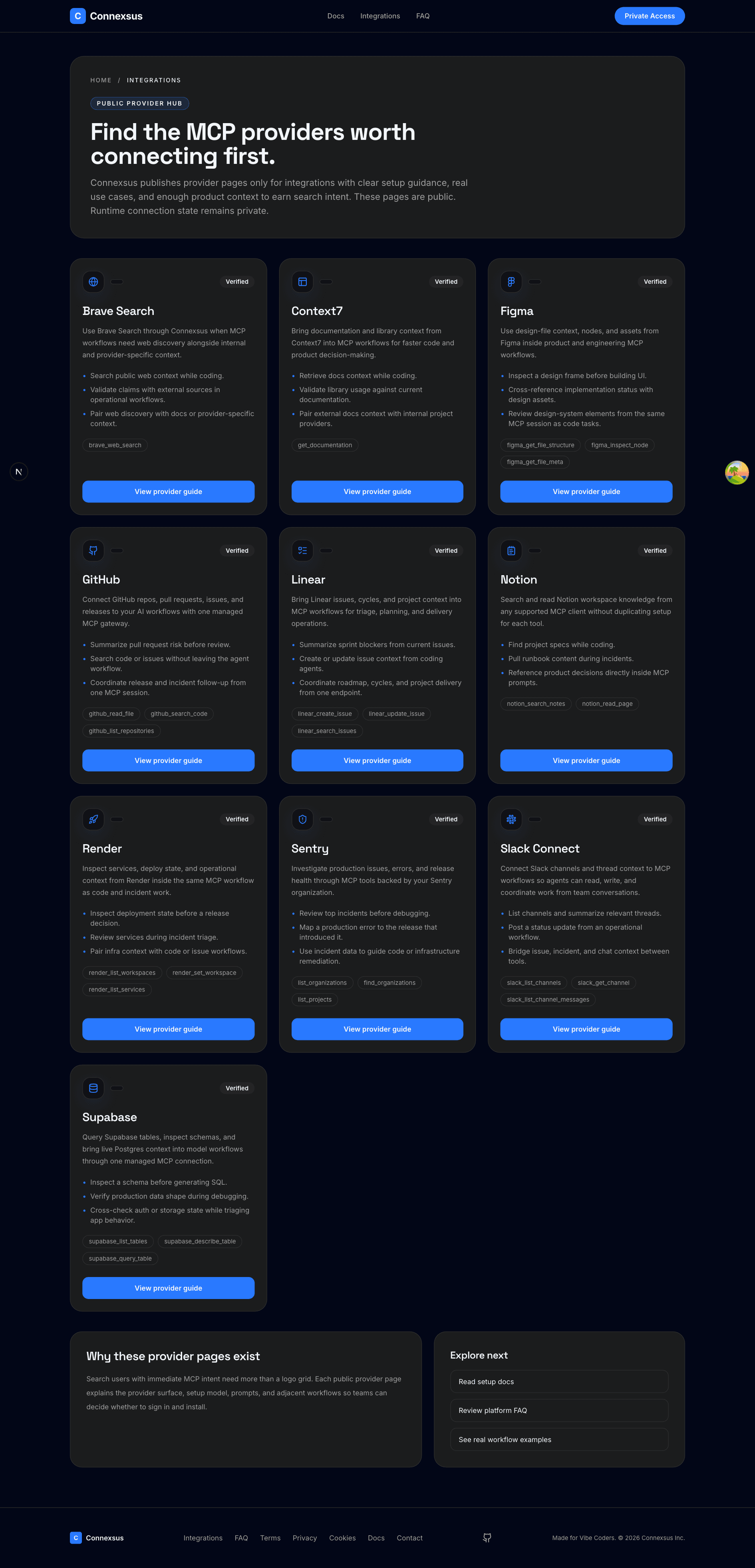 Connexsus public integrations hub showing provider guide cards and marketplace discovery.