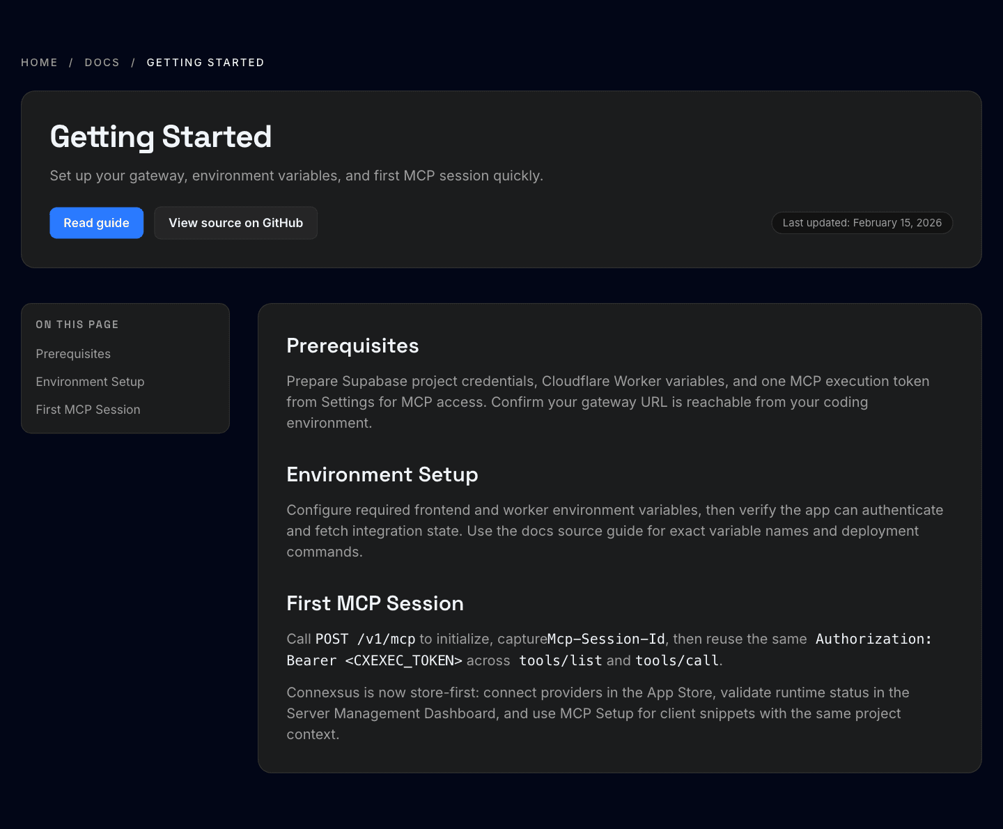 Connexsus getting started documentation showing MCP setup and first session instructions.