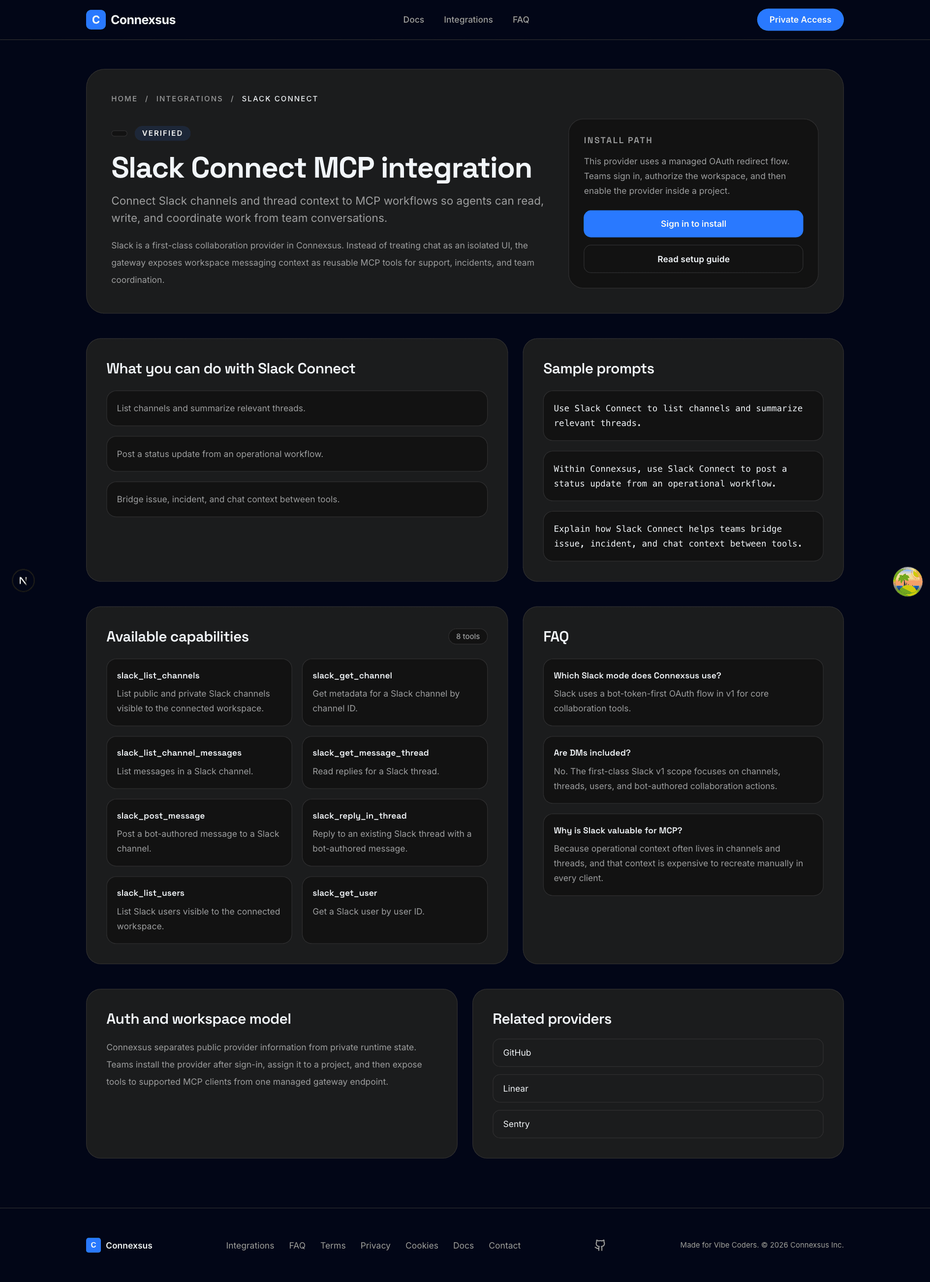 Connexsus Slack provider guide showing available capabilities, sample prompts, and install path.